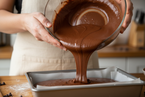 closeup picture of hands baking brownie