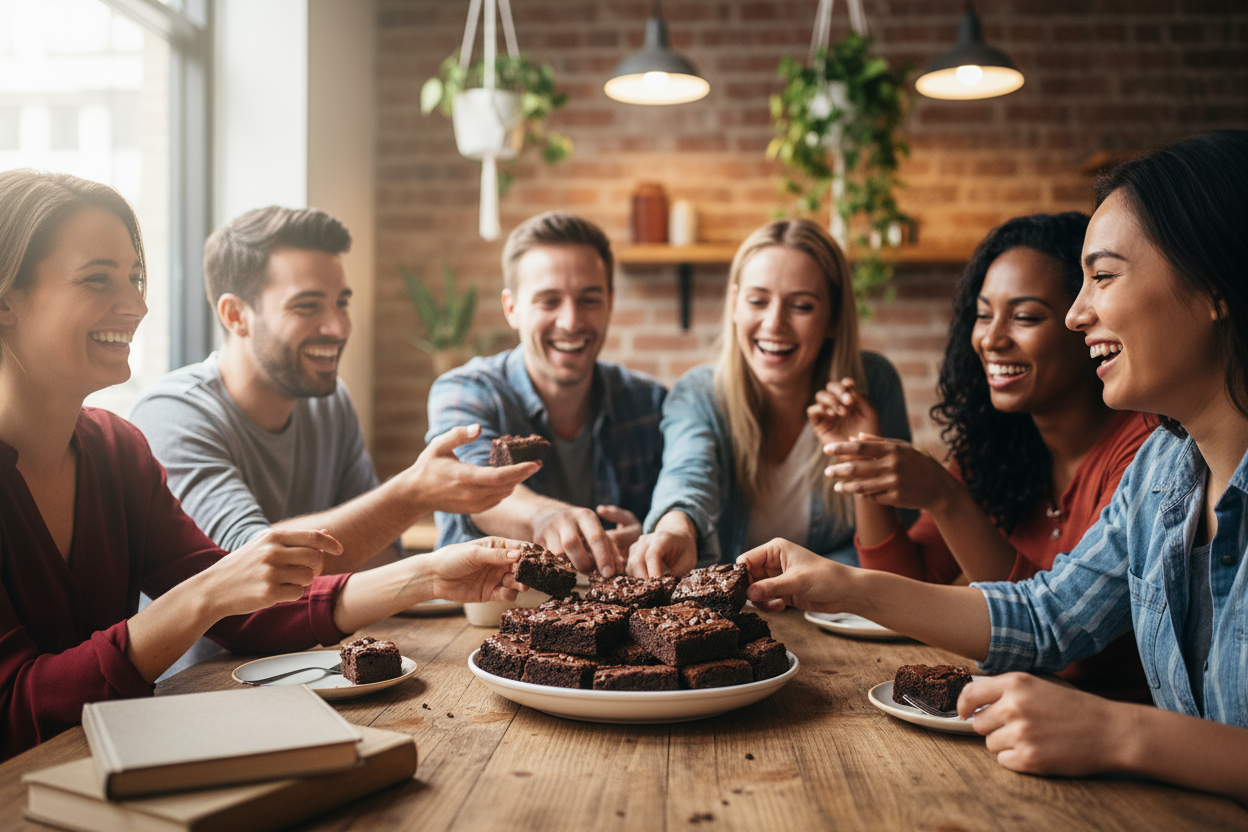 group of friends eating brownie