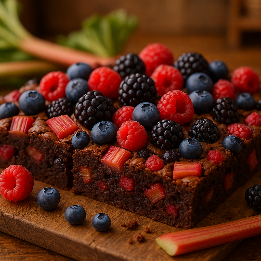 rhubarb and mixed berry brownie